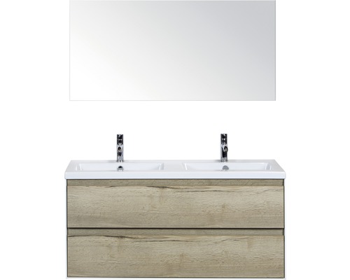Koupelnový nábytkový set Evora 120 cm s keramickým dvojitým umyvadlem a zrcadlem dub přírodní