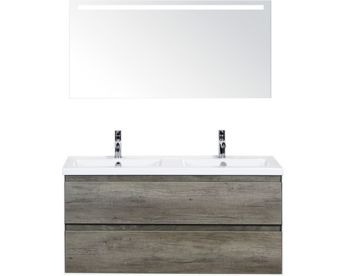 Koupelnový nábytkový set Evora 120 cm s keramickým dvojitým umyvadlem dub Nebraska a zrcadlem s LED osvětlením