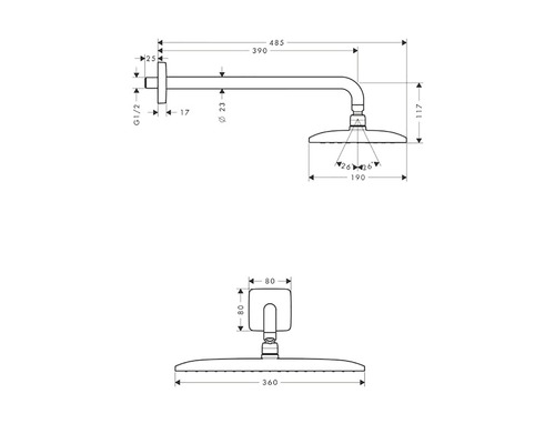 Technický nákres hlavové sprchy s rozměry