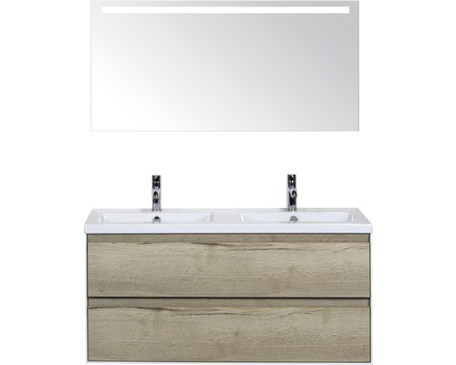 Koupelnový nábytkový set Evora 120 cm s keramickým dvojitým umyvadlem a zrcadlem s LED osvětlením dub přírodní