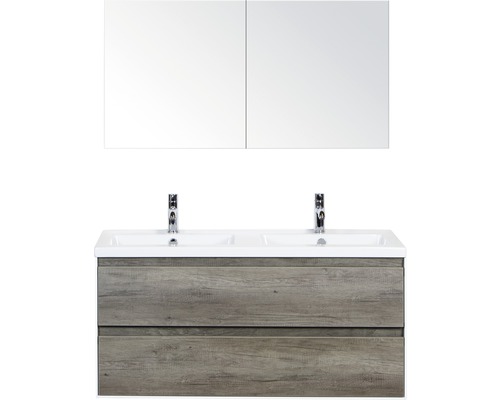 Koupelnový nábytkový set Evora 120 cm s keramickým dvojitým umyvadlem dub Nebraska a zrcadlovou skříňkou