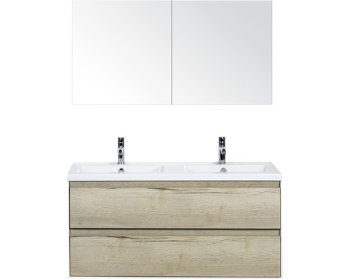 Koupelnový nábytkový set Evora 120 cm s keramickým dvojitým umyvadlem a zrcadlovou skříňkou dub přírodní