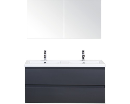 Koupelnový nábytkový set Evora 120 cm s keramickým dvojitým umyvadlem a zrcadlovou skříňkou antracitově šedá matná