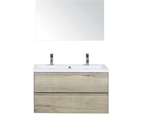Koupelnový nábytkový set Evora 100 cm s keramickým umyvadlem 2 otvory na kohouty a zrcadlem dub přírodní