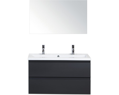 Koupelnový nábytkový set Evora 100 cm s keramickým umyvadlem 2 otvory na kohouty a zrcadlem antracitově šedá matná