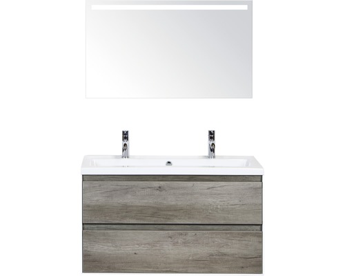 Koupelnový nábytkový set Evora 100 cm s keramickým umyvadlem 2 otvory na kohouty dub Nebraska a zrcadlem s LED osvětlením