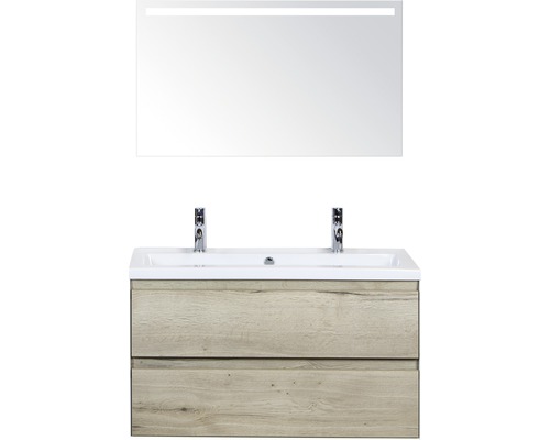 Koupelnový nábytkový set Evora 100 cm s keramickým umyvadlem 2 otvory na kohouty a zrcadlem s LED osvětlením dub přírodní