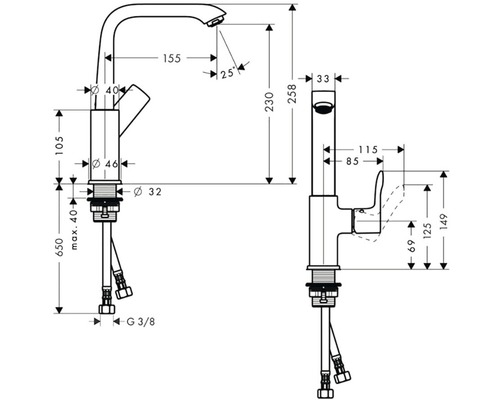 Technický nákres armatury s rozměry