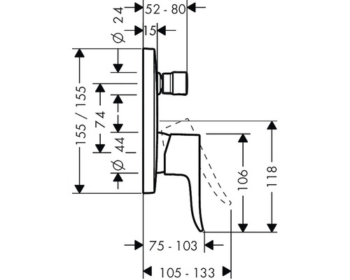 Rozměrový výkres armatury s různými rozměry.