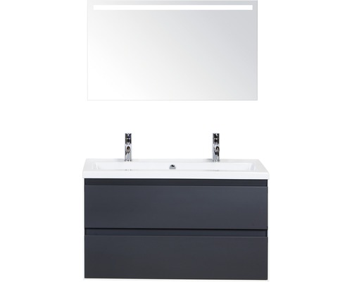 Koupelnový nábytkový set Evora 100 cm s keramickým umyvadlem 2 otvory na kohouty a zrcadlem s LED osvětlením antracitově šedá matná