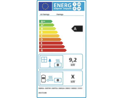 Energetický štítek pro HS Flamingo, který ukazuje třídu energetické účinnosti A, jmenovitý tepelný výkon 9,2 kilowatt a třídu energetické účinnosti vytápění místností.