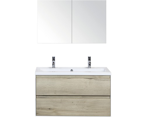 Koupelnový nábytkový set Evora 100 cm s keramickým umyvadlem 2 otvory na kohouty a zrcadlovou skříňkou dub přírodní