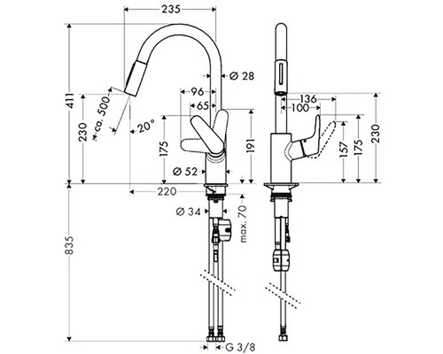 Rozměry kuchyňské baterie s výsuvnou sprchou