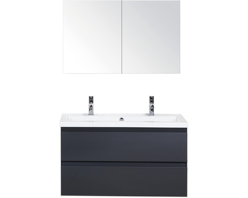 Koupelnový nábytkový set Evora 100 cm s keramickým umyvadlem 2 otvory na kohouty a zrcadlovou skříňkou antracitově šedá matná