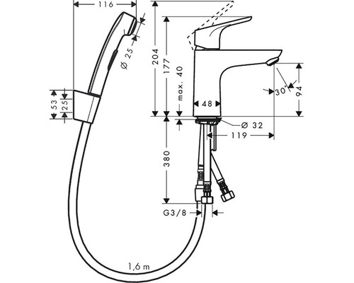 Technický nákres umyvadlové baterie s sprchovou soupravou a rozměry