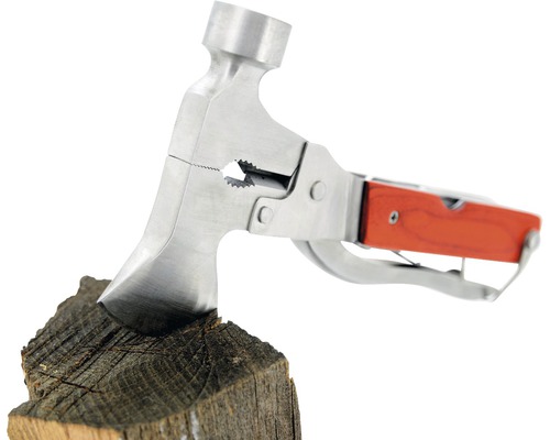 Multifunkční nástroj s kladivem, sekerou a kleštěmi v dřevěném bloku