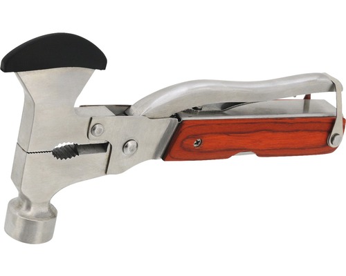 Multifunkční nástroj s hlavou kladiva, kleštěmi, pákou a dřevěnou rukojetí