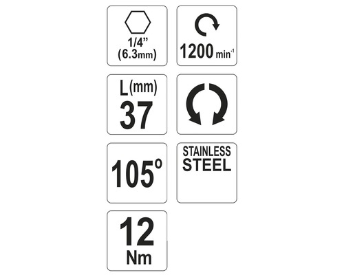 Technické specifikace: 6,3 mm šestihranný držák, 1200 otáček za minutu, délka 37 mm, úhel 105 stupňů, 12 Newton metrů, nerezová ocel