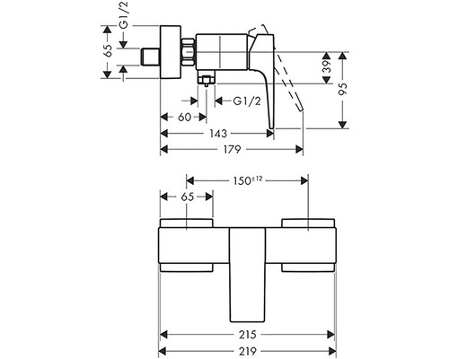 Rozměrový nákres armatury s různými údaji o velikosti