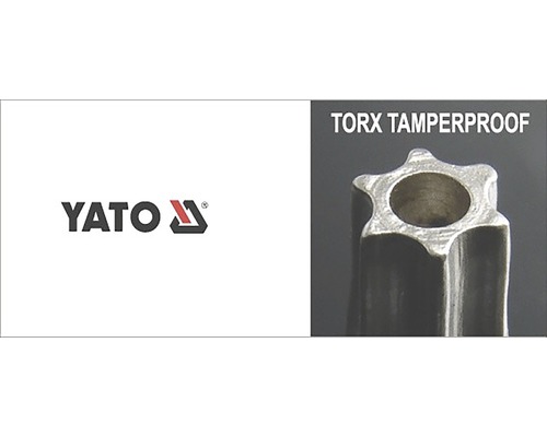 Logo Yato a detailní záběr šroubováku Torx Tamperproof