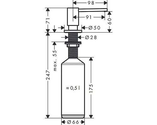 Technický výkres dávkovače mýdla s rozměry