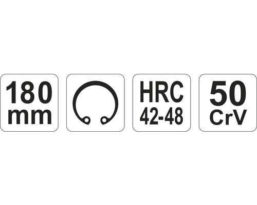 Technické údaje: 180 milimetrů, pojistný kroužek, HRC 42-48, 50 CrV