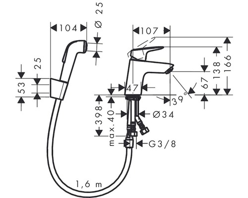 Technický nákres umyvadlové baterie s ruční sprchou a hadicí a rozměrové údaje