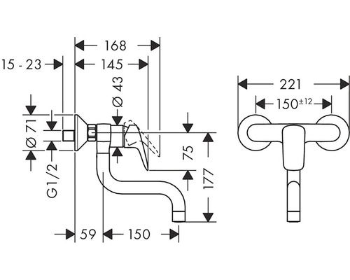 Technický nákres nástěnné armatury s rozměry