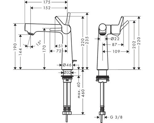 Rozměrový nákres armatury s údaji o výšce a šířce.