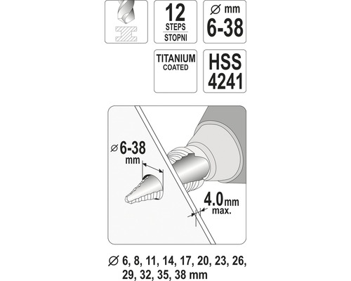 Technický výkres stupňovitého vrtáku s průměry 6 až 38 milimetrů, 12 stupňů, titanový povlak a ocel HSS 4241