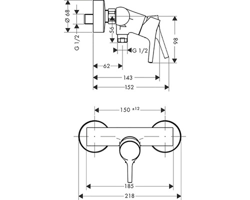 Technický výkres nástěnné baterie s rozměry