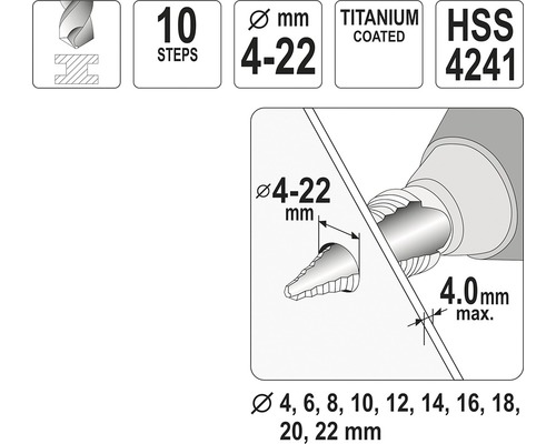 Stupňovitý vrták s 10 stupni, průměr 4 až 22 milimetrů, titanový povlak, HSS 4241