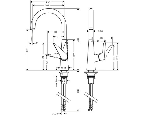 Technický nákres kuchyňské baterie s rozměry
