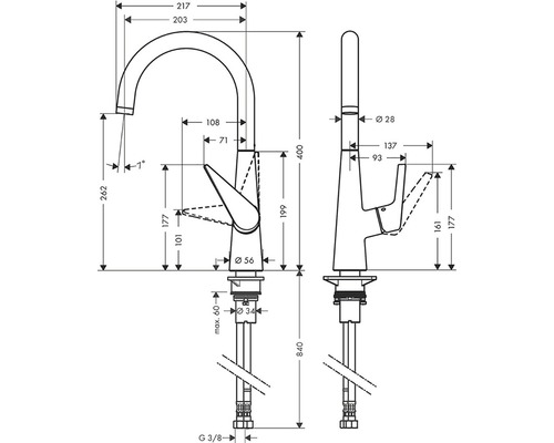 Rozměrový výkres kuchyňské baterie s příslušnými rozměry