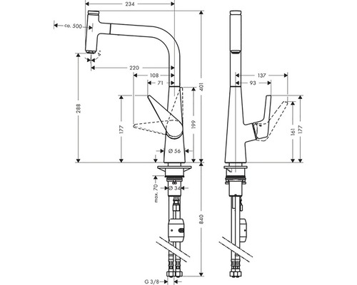 Technický nákres kuchyňské baterie s rozměry