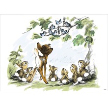 Ilustrace Bambiho a skupiny zajíců, kteří se dívají na skupinu ptáků na větvi stromu