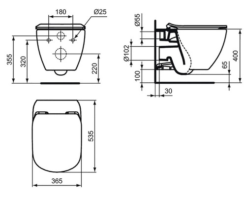 Technický nákres závěsného WC s rozměry.