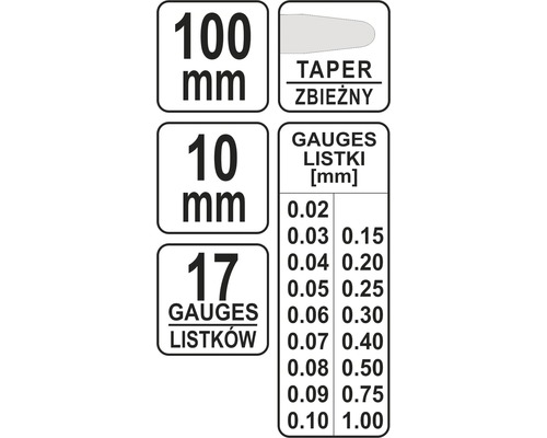 Informace o spárových měrkách včetně údaje 100 milimetrů, 10 milimetrů a 17 lístků