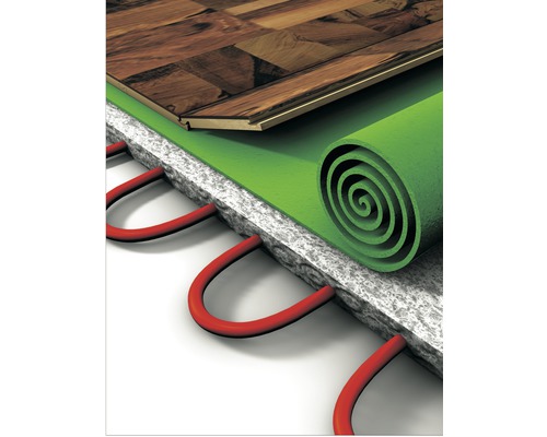 Zobrazení konstrukce podlahového vytápění s laminátem, izolací a topnými trubkami