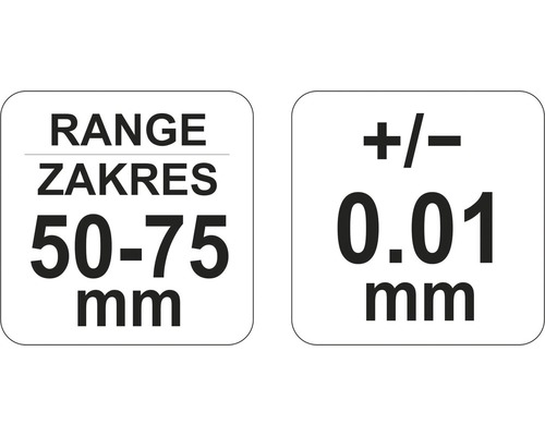 Rozsah 50 až 75 milimetrů, přesnost měření plus minus 0.01 milimetru