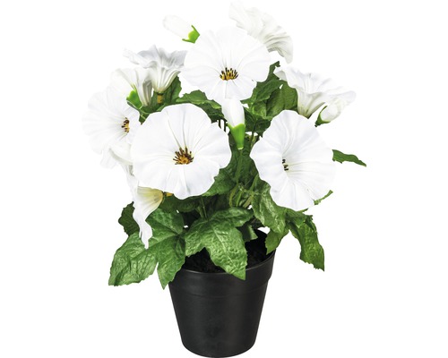 Umělá květina petúnie 9 květů bílá 28 cm v plastovém květináči 10 x 9 cm