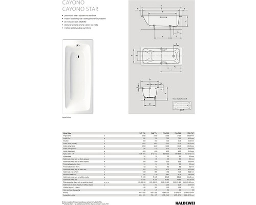 Vana Kaldewei Cayono Star s technickými výkresy