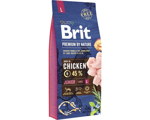 Granule pro psy Brit Premium by Nature Junior L 15 kg Brit Premium by Nature Junior Large krmivo pro psy, kuřecí krmivo pro mladé psy velkých plemen od 25 do 45 kilogramů