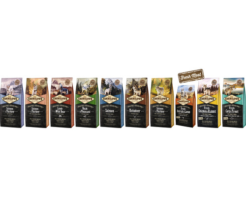 Několik sáčků krmiva pro psy Carnilove s různými příchutěmi