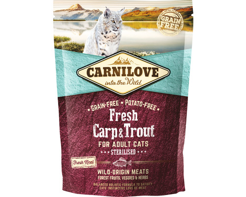 Granule pro kočky Carnilove Fresh Carp & Trout 400 g Krmivo pro kočky Carnilove s kaprem a pstruhem pro dospělé kastrované kočky v balení.