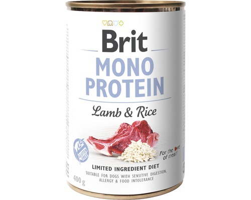 Konzerva pro psy Brit Mono Protein Lamb & Rice 400 g Brit Mono Protein psí krmivo s jehněčím a rýží v 400gramové plechovce