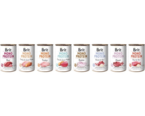 Několik konzerv pro psy Brit Mono Protein s různými příchutěmi