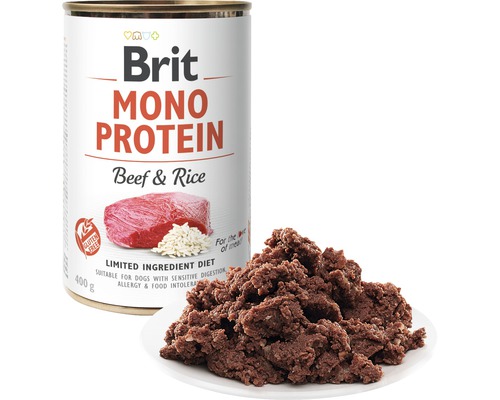 Brit Mono Protein psí krmivo hovězí a rýže v konzervě s krmivem připraveným k podávání na talíři