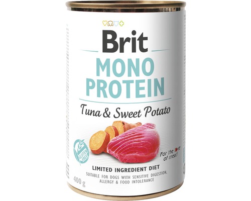 Konzerva pro psy Brit Mono Protein Tuna & Sweet Potato 400 g Brit Monoprotein mokré krmivo pro psy s tuňákem a batáty, 400 gramová konzerva