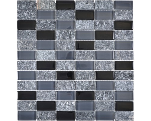 Skleněná mozaika s přírodním kamenem šedá černá 31x32,5 cm